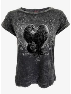 Cheap 🥰 Raven Heart Acid Wash Turnup Sleeve T-Shirt 🔥