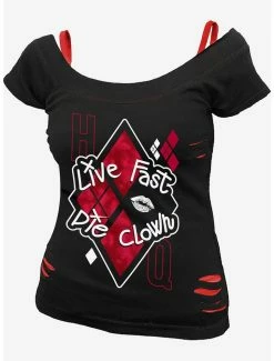Best Pirce 👏 DC Comics The Suicide Squad Harley Quinn Die Clown 2 In 1 Distressed Top ✔️