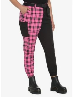 Outlet ⭐ Pink Plaid Split Jogger Pants Plus Size 🔥