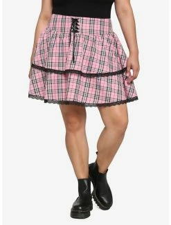 New ⌛ Pink Plaid Lace-Up Tiered 👗 Skirt Plus Size 💯