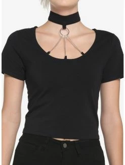 Cheap 👍 Black O-Ring Choker Crop 👧 Girls T-Shirt 🎁