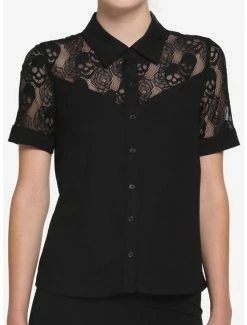 Coupon ✨ Black Skull Lace 👧 Girls Woven Button-Up 😀
