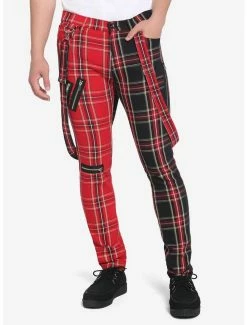 Flash Sale 😍 HT Denim Red & Black Double Plaid Suspender Stinger 👖 Jeans ✨