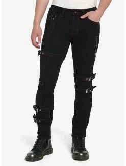 Deals 🧨 Black & Red Stitch Strap Skinny 👖 Jeans ⭐