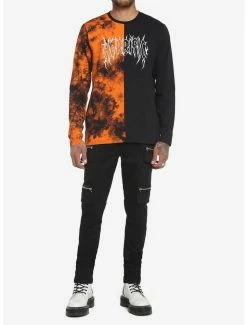 New 🧨 Black & Orange Horrific Split Wash Long-Sleeve T-Shirt 🎉 -HT Style Outlet Store 17781151 av1