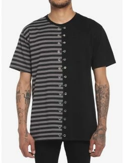 Outlet 🎁 Black & Grey Stripe Split Safety Pin T-Shirt 🤩