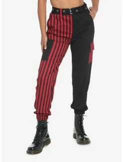 Best Pirce 🧨 Black & Red Stripe Split Cargo Joggers With Belt 🎁