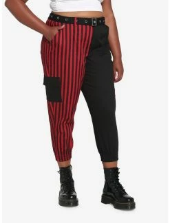 Flash Sale 🧨 Black & Red Stripe Split Cargo Joggers With Belt Plus Size 😀