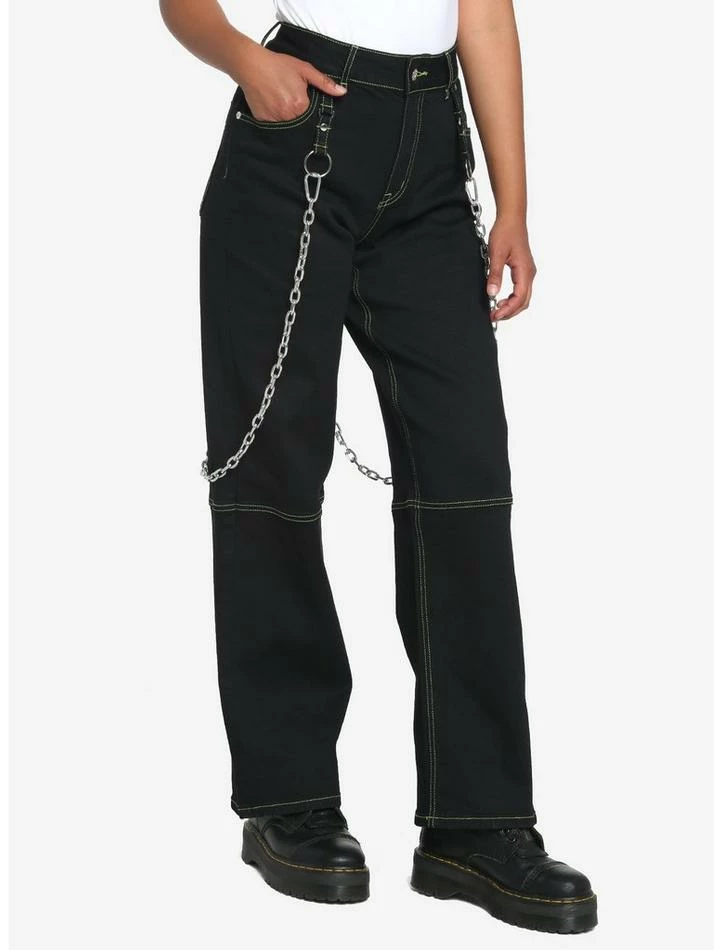 New 💯 Black & Green Contrast Stitch Carpenter Pants With Detachable Chain 🥰 3 New 💯 Black & Green Contrast Stitch Carpenter Pants With Detachable Chain 🥰