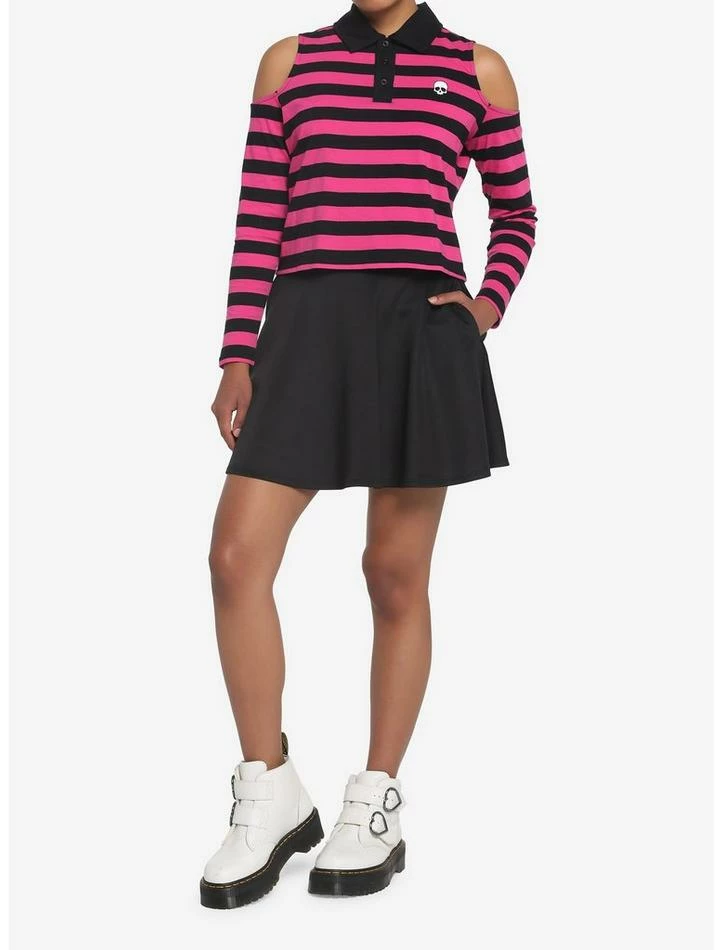 New 🔥 Black & Pink Stripe Cold Shoulder 👧 Girls Long-Sleeve Polo 👕 Shirt 😍 4 New 🔥 Black & Pink Stripe Cold Shoulder 👧 Girls Long-Sleeve Polo 👕 Shirt 😍 - Image 2