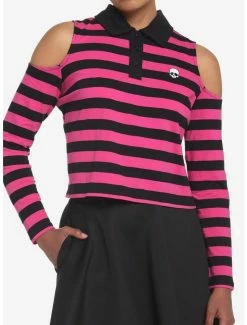 New 🔥 Black & Pink Stripe Cold Shoulder 👧 Girls Long-Sleeve Polo 👕 Shirt 😍