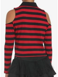 Best deal 👏 Black & Red Stripe Cold Shoulder 👧 Girls Long-Sleeve Polo 👕 Shirt 👍 -HT Style Outlet Store 17904108 av2