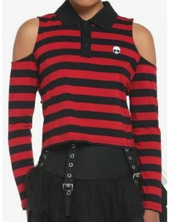 Best deal 👏 Black & Red Stripe Cold Shoulder 👧 Girls Long-Sleeve Polo 👕 Shirt 👍