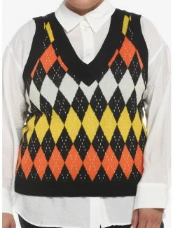 Outlet 🔥 Orange Argyle 🎃 Halloween 👧 Girls Crop Sweater Vest Plus Size 👏