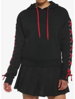Promo 🔔 Black & Red Lace-Up 👧 Girls Hoodie 👏
