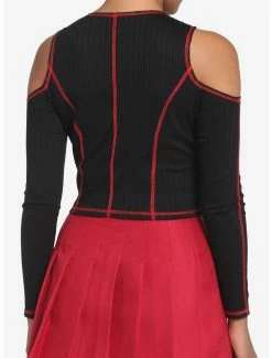 Deals 🔥 Black & Red Contrast Stitch Cold Shoulder 👧 Girls Crop Long-Sleeve Top 😀 -HT Style Outlet Store 17904223 av2