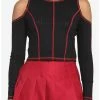 Deals 🔥 Black & Red Contrast Stitch Cold Shoulder 👧 Girls Crop Long-Sleeve Top 😀 -HT Style Outlet Store 17904223 hi