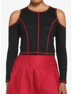 Deals 🔥 Black & Red Contrast Stitch Cold Shoulder 👧 Girls Crop Long-Sleeve Top 😀