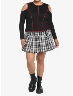 Flash Sale 😀 Black & Red Contrast Stitch Cold Shoulder 👧 Girls Crop Long-Sleeve Top Plus Size ❤️ -HT Style Outlet Store 17904231 av1