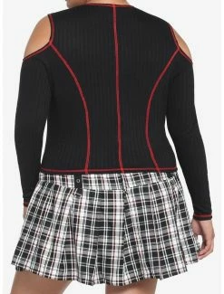 Flash Sale 😀 Black & Red Contrast Stitch Cold Shoulder 👧 Girls Crop Long-Sleeve Top Plus Size ❤️ -HT Style Outlet Store 17904231 av2