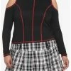 Flash Sale 😀 Black & Red Contrast Stitch Cold Shoulder 👧 Girls Crop Long-Sleeve Top Plus Size ❤️ -HT Style Outlet Store 17904231 hi