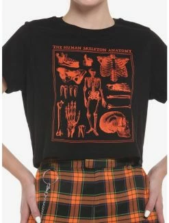 Best deal 🎉 Black & Orange Skeletal Anatomy Boxy 👧 Girls Crop T-Shirt 😀