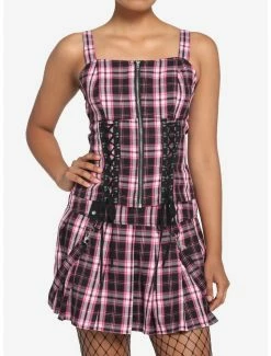 Promo 👏 Black & Pink Plaid Lace-Up Corset Top 🎉