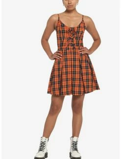 Best Pirce 🤩 Black & Orange Plaid Pleated Lace-Up 👗 Dress 👏 -HT Style Outlet Store 17904626 av1