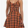 Best Pirce 🤩 Black & Orange Plaid Pleated Lace-Up 👗 Dress 👏 -HT Style Outlet Store 17904626 hi