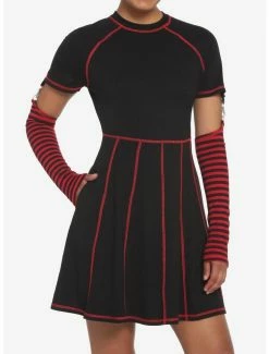 Hot Sale 💯 Black & Red Contrast Stitch Arm Warmer 👗 Dress 🧨