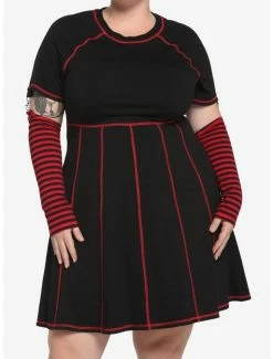 Hot Sale 💯 Black & Red Contrast Stitch Arm Warmer 👗 Dress Plus Size 🤩