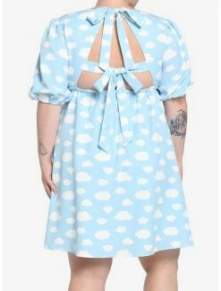 Best deal 🤩 Pastel Blue Skies Cloud Back Tie Puff Sleeve Babydoll 👗 Dress Plus Size ✔️