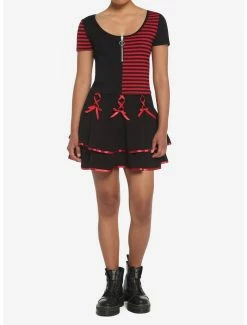 Flash Sale ✨ Black & Red Lace-Up Satin Trim Tiered 👗 Skirt 🤩 -HT Style Outlet Store 17904825 av1