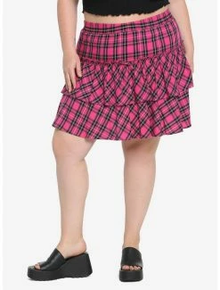 Outlet 👏 Pink Plaid Wide Yoke Ruffle 👗 Skirt Plus Size ⌛