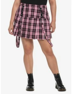 Best Pirce 🧨 Black & Pink Plaid Pleated Suspender 👗 Skirt Plus Size 🔥
