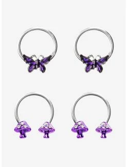 Best reviews of 🧨 Steel Silver Purple Mushroom & Butterfly Curved Barbell & Captive Hoop 4 Pack 🎉