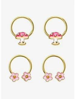Best Pirce 👏 Steel Gold Mushroom & Flower Circular Barbell & Captive Hoop 4 Pack 😀