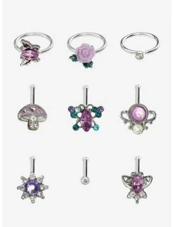 Discount 💯 Steel Silver Lavender Cottagecore Nose Stud & Hoop 9 Pack 👍