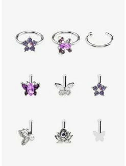 Coupon 👏 Steel Silver Purple Butterfly Nose Stud & Hoop 9 Pack 😍