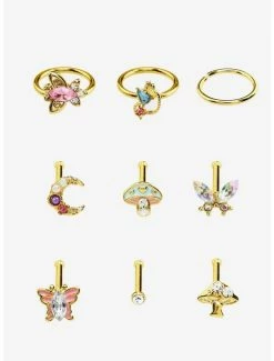 Buy 😉 Steel Gold Cottagecore Nose Stud & Hoop 9 Pack ✔️
