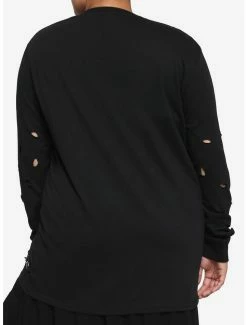 Cheap ✔️ Black Distressed Front Suspender Oversized 👧 Girls Long-Sleeve T-Shirt Plus Size ✔️ -HT Style Outlet Store 18000241 av2