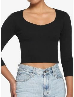 Buy ⭐ Black Ribbed 👧 Girls Crop Long-Sleeve T-Shirt ⭐