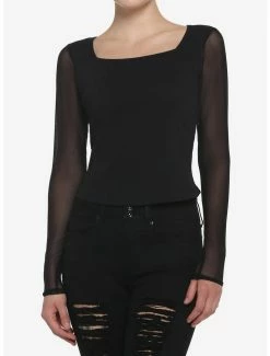 Deals 🥰 Black Mesh 👧 Girls Long-Sleeve Top 🔥