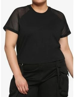 New 🔥 Black Mesh Sleeve 👧 Girls Raglan Top Plus Size ✨