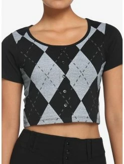 Cheapest 😍 Black & Grey Argyle Button 👧 Girls Crop Top 🌟