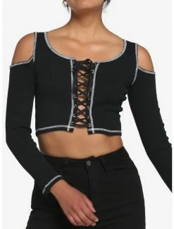 Best deal 🎉 Lace-Up Contrast Ribbed Cold Shoulder 👧 Girls Crop Long-Sleeve Top 👏