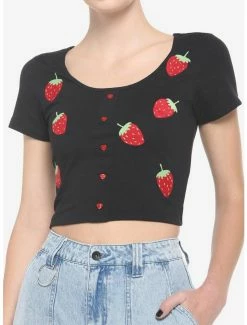 Outlet 😀 Black Embroidered Strawberries 👧 Girls Crop T-Shirt ✨