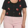 Coupon 👏 Black Embroidered Strawberries Crop 👧 Girls T-Shirt Plus Size ❤️