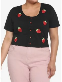 Coupon 👏 Black Embroidered Strawberries Crop 👧 Girls T-Shirt Plus Size ❤️