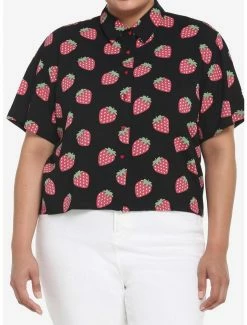 Coupon 🎁 Black Strawberry 👧 Girls Crop Woven Button-Up Plus Size 😍